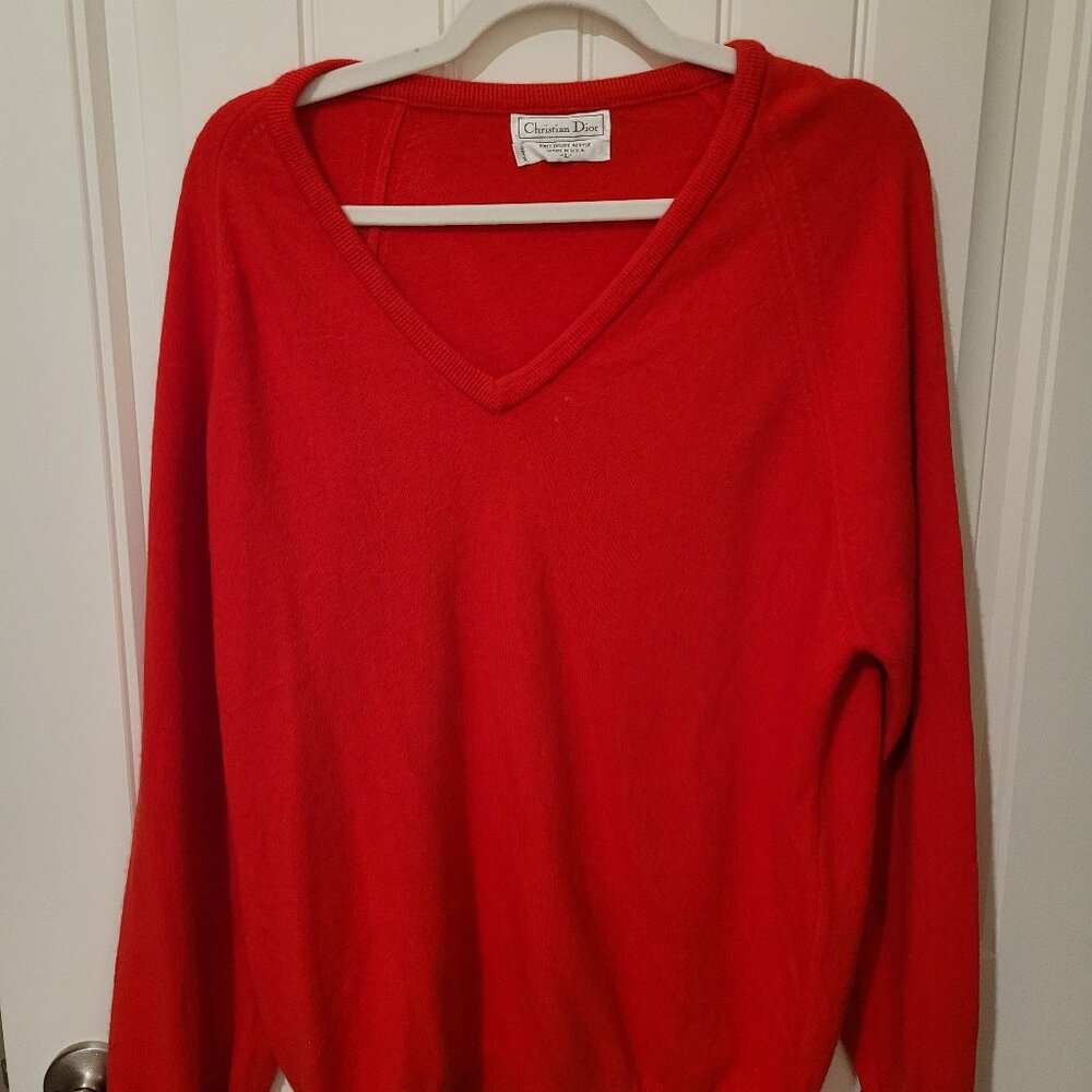Vintage Christian Dior V-Neck Sweater in Red Size Large